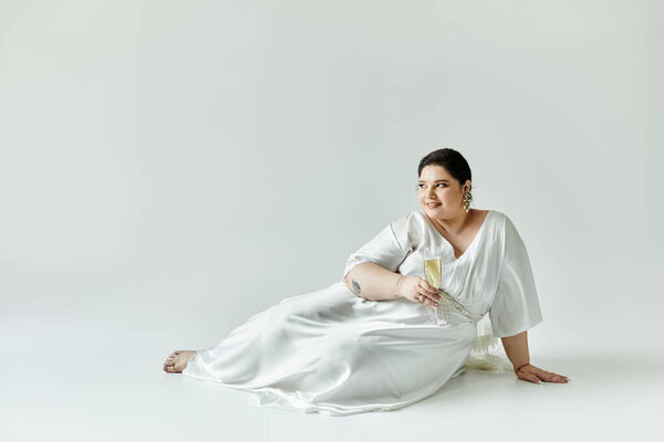 Потрясающая невеста расслабляется с флейтой шампанского, излучая радость в своем элегантном свадебном платье.