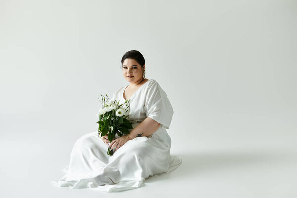 A beautiful young woman in a flowing white gown holds a bouquet, radiating joy in a serene setting.