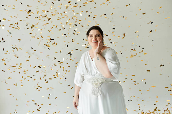 Благословенная невеста в белом платье лучами счастья, как золотые конфетти падает вокруг нее.