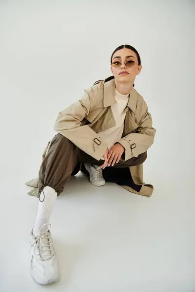 stock image A young woman poses confidently in a chic autumn outfit, blending elegance with modern style in a studio.