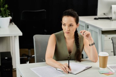 Profesyonel bir kadın, ofiste otururken atacağı adımları düşünceli bir şekilde düşünür..