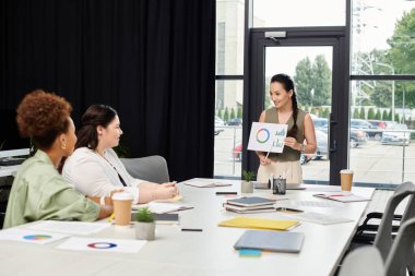 A confident woman presents ideas to her colleagues in a stylish office setting. clipart