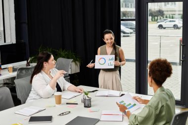 A group of professional women engage in a collaborative strategy discussion while presenting data. clipart