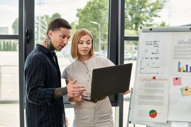 İki genç profesyonel projelerini tartışırken aktif olarak bir dizüstü bilgisayarla uğraşıyorlar..