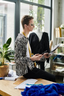 Moda tasarımcısı renkli kumaşlar ve bitkilerle çevrili iken eskizleri gözden geçirir..