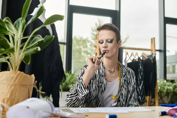 stock image A fashion designer deep in thought, sketching innovative designs amid vibrant greenery and fabrics.