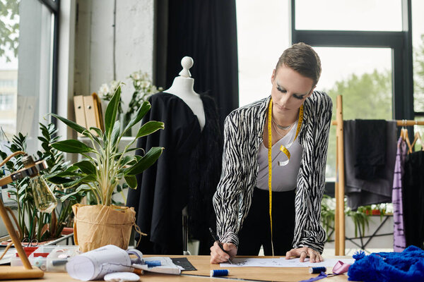 A stylish gender fluid fashion designer focuses intently while sketching in a bright studio environment.
