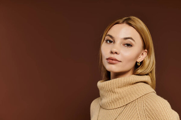 The woman showcases her style in a soft turtleneck, exuding autumn charm and confidence.