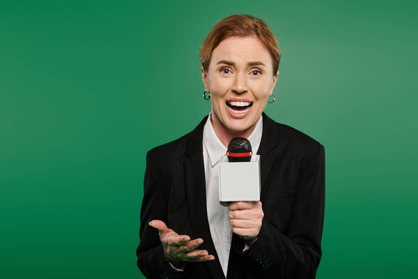 Яркий телеведущий в элегантной черной одежде с энтузиазмом взаимодействует с микрофоном в руке.