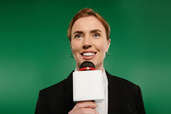 stock image A TV presenter stands poised with a microphone, showcasing a stylish black outfit and vibrant energy on screen.