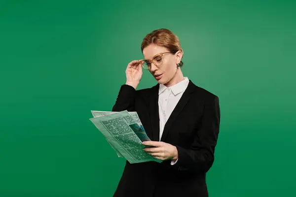 stock image The elegant presenter reads news from a paper while standing in front of a vivid green backdrop.