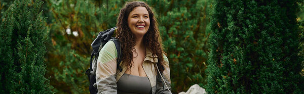 In a vibrant forest, a plus size woman radiates joy, embracing the beauty of nature all around her.