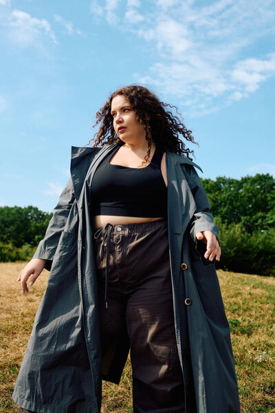 A confident woman embraces nature as she strolls through a sunlit field, showcasing her style.