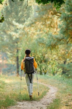 A young African American woman enjoys a peaceful hike in a colorful autumn forest, surrounded by nature beauty. clipart