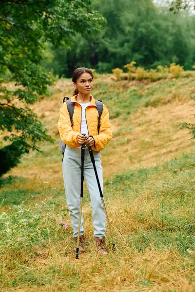 stock image In a stunning autumn landscape, a young woman enjoys hiking, surrounded by colorful foliage and tranquility.