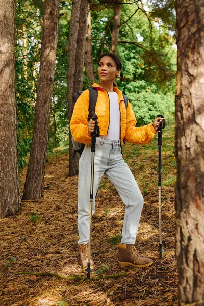 Genç bir Afrikalı Amerikalı kadın sonbahar ormanlarını keşfediyor. Renkli yapraklar ve uzun ağaçlarla çevrili..