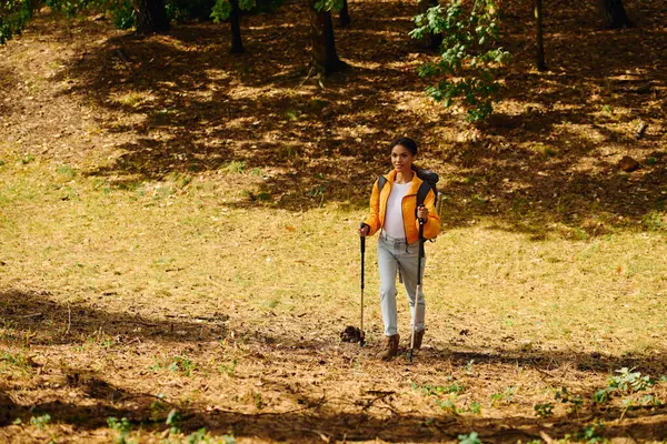 stock image A young African American woman explores a colorful autumn forest while hiking and enjoying nature.