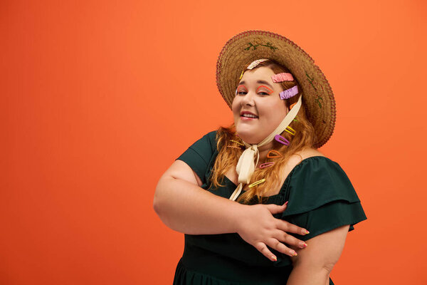 The woman radiates happiness, showcasing her elegant style with colorful clips in her hair.