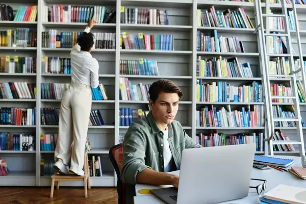 stock image Engaged in a learning moment, a teacher guides her student in an inspiring library environment.