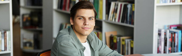 Jolly student at school, studying hard.