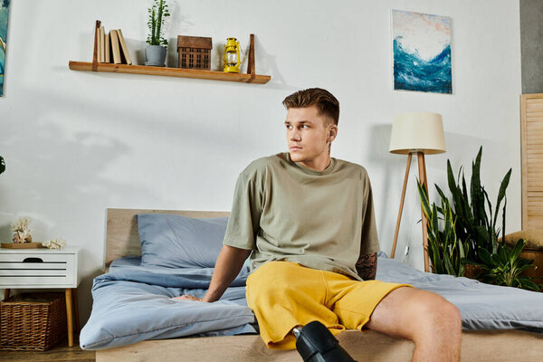 In a serene bedroom, a young man with a prosthetic leg sits thoughtfully on the edge of a bed.