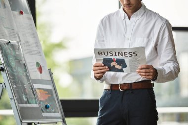 Kızıl saçlı işadamı proje materyallerini ince bir ofis ortamında dikkatlice inceliyor..