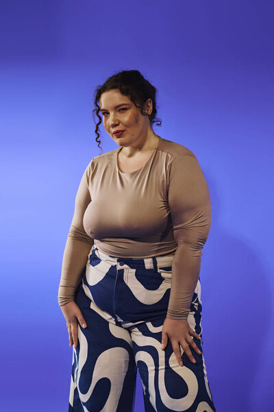 A confident plus size woman showcases her unique style with a bold outfit, exuding beauty and grace.