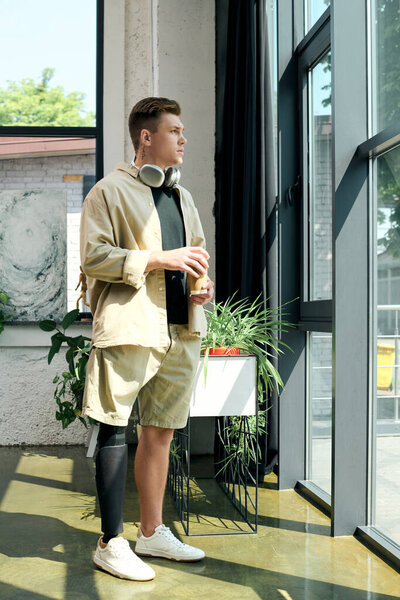 Красивый молодой человек с протезной ногой задумчиво стоит у окна в современном офисе.