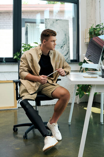 Молодой человек с протезной ногой сосредоточен на своей работе за современным офисным столом, окруженный зеленью.