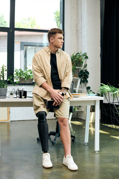 Красивый молодой человек сидит на столе в повседневной одежде и размышляет во время работы в офисе.