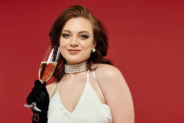 This young woman exudes charm and sophistication while elegantly holding a champagne glass.