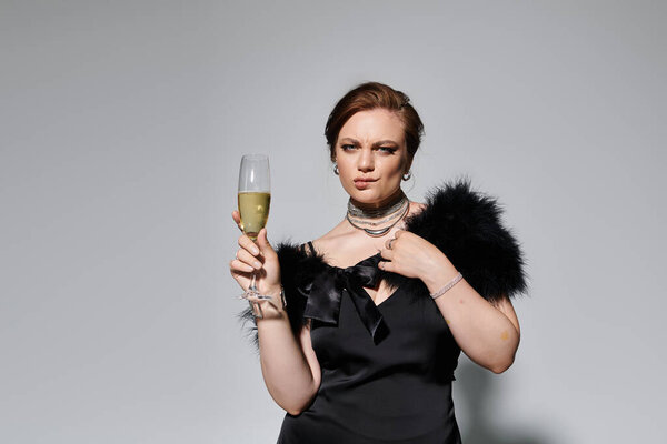 Elegant woman holds a glass of champagne, radiating confidence in sophisticated attire and pearls.