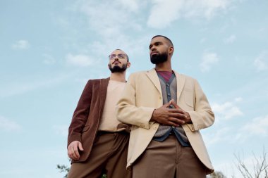 Two fashionable men display autumn styles against a picturesque field backdrop, embracing the season charm. clipart