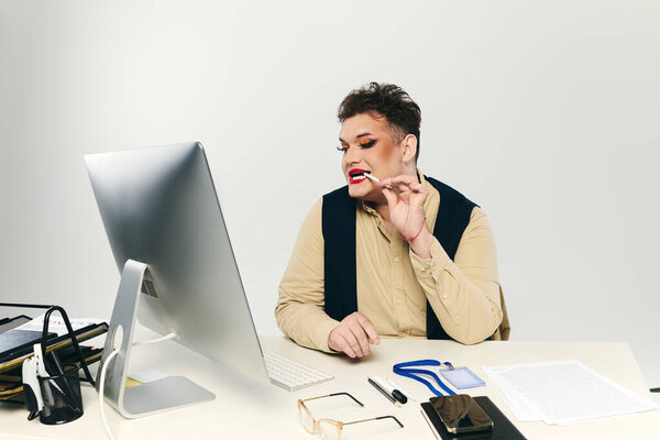 A unique queer person engages with a computer, showcasing their vibrant style and creativity.