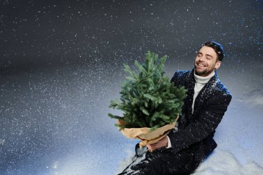 Neşeli genç bir adam karda oturur, mutlu mesut kartaneleriyle çevrili küçük bir Noel ağacını besler..