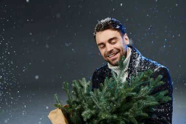 Neşeli genç adam, kışın harikalar diyarında çağlayan kar taneleriyle yemyeşil bir yemyeşil toprağı kucaklıyor..