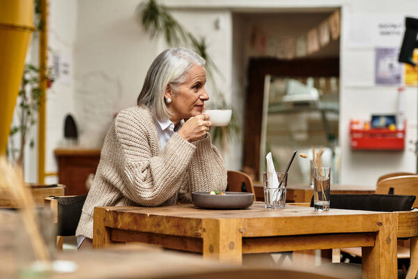 A graceful woman with gray hair savors a warm cup of coffee while seated at a rustic wooden table.