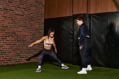 İki kadın şık bir spor salonunda birlikte egzersiz yapar, güç ve esneklik eğitimine odaklanırlar..