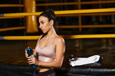 Kendini işine adamış bir kadın spor salonundaki bir sonraki egzersize hazırlanırken su içmek için duruyor..