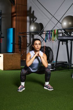 Kendini işine adamış bir kadın, spor salonunun zemininde jimnastik malzemeleriyle dolu bir yerde çömeliyor..