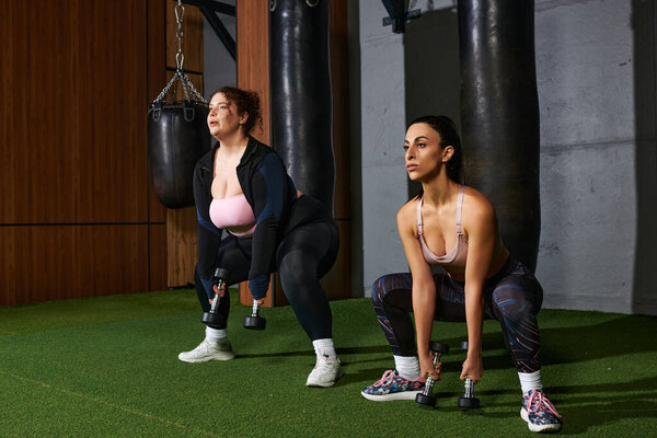 Two determined women engage in strength training, lifting weights with focus and intensity.