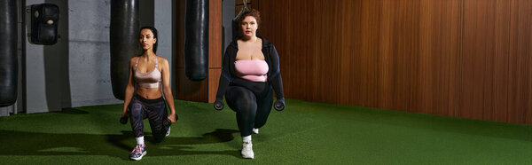 Две женщины выполняют выпады с гирями в современном помещении спортзала.