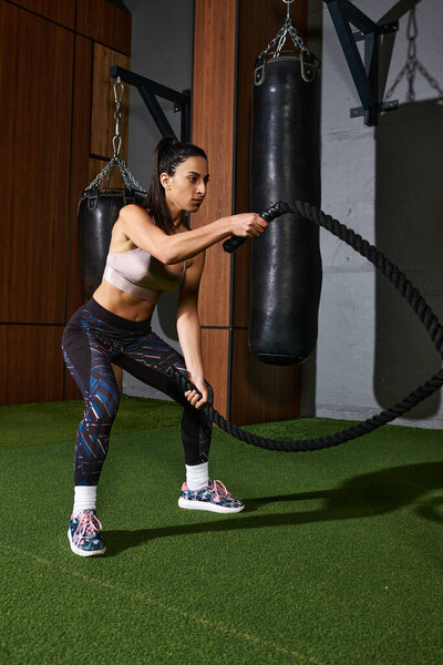 A dedicated woman performs battle rope exercises, showcasing strength and focus in a gym.