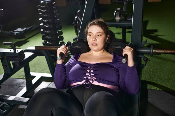 Сосредоточенная женщина занимается силовой тренировкой в тренажерном зале, упорно работая над достижением целей фитнеса.