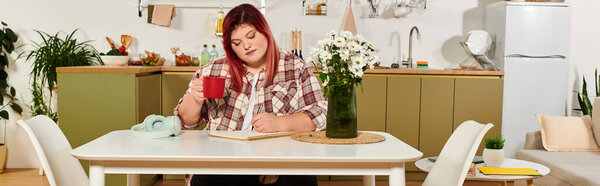 A lovely plus size woman sips tea at a stylish table, lost in thought among vibrant decor.