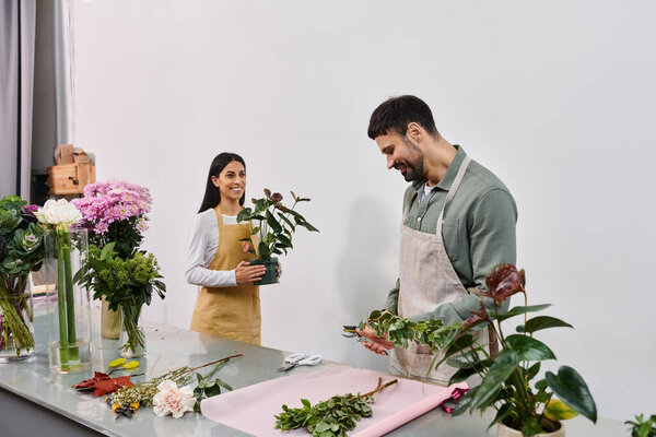 Couple collaborates on floral arrangements while managing their small business in a cozy shop.