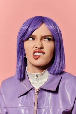 A woman with vibrant purple hair playfully poses in a shiny lavender jacket. clipart