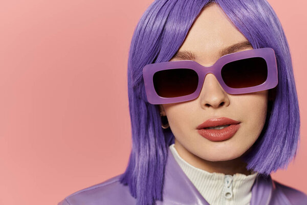 A vibrant stylish woman showcases bold purple hair and sunglasses, embodying confidence and flair.