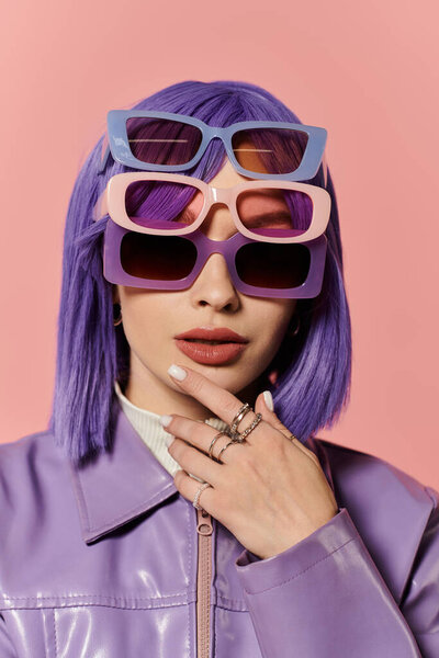 A stylish woman with purple hair poses confidently in trendy sunglasses on a pink backdrop.
