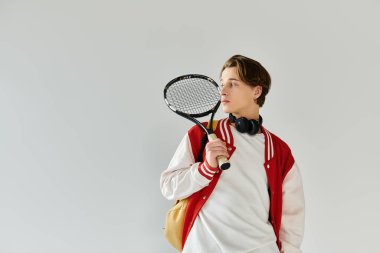 A stylish young man holds a tennis racket in a studio, exuding confidence. clipart